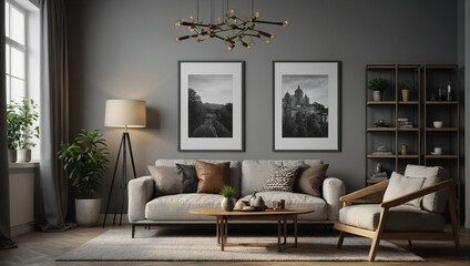 The frame mockup,  perfectly complements the living room wall poster mockup, creating an interior mockup with a house background that showcases modern interior design in a stunning 3D render.
