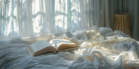 A beautiful book on a bed with a white linen lamp nearby. Generative Ai