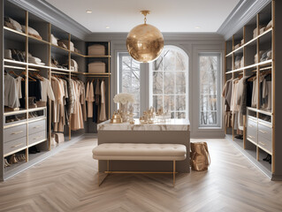 Luxury walk in closet interior with white and gold elements. Luxury modern minimal home indoor wardrobe design living house appartment. Cloth storage. 