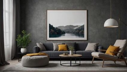 The frame mockup,  perfectly complements the living room wall poster mockup, creating an interior mockup with a house background that showcases modern interior design in a stunning 3D render.