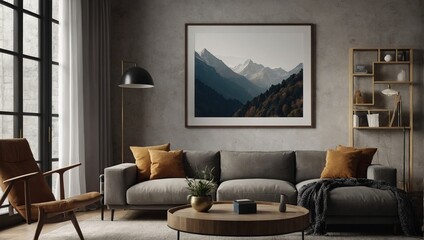 The frame mockup,  perfectly complements the living room wall poster mockup, creating an interior mockup with a house background that showcases modern interior design in a stunning 3D render. - obrazy, fototapety, plakaty