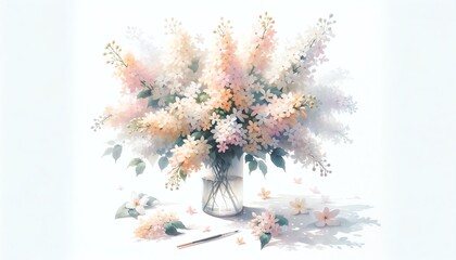 Watercolor painting of a bouquet of Scented Selluka Ivy flowers in soft pastel color tones