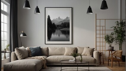 The frame mockup,  perfectly complements the living room wall poster mockup, creating an interior mockup with a house background that showcases modern interior design in a stunning 3D render. - obrazy, fototapety, plakaty