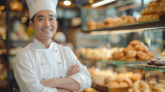 Portrait of confident Asian chef standing with arms crossed and looking at camera with young cook preparing food in the background in the kitchen.AI