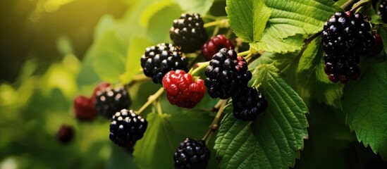 A cluster of ripe blackberries hangs from a tree branch against a backdrop of lush foliage in the enchanting garden.