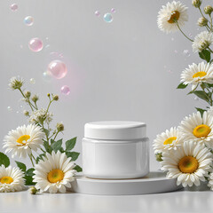 Fototapeta na wymiar Beauty cosmetic jar mockup without label on color background with bubbles and flowers, Generative AI