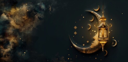 Happy ramadan gold lantern and moon, organic and flowing forms style, dark themes, dark gray and black, copy space, mind-bending murals, website banner, cute and dreamy.