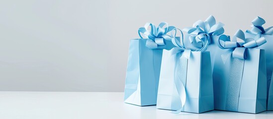Three light blue gift bags with bows are displayed on a clean white background. The bags are neatly arranged with colorful bows. Perfect for gifting on special occasions.