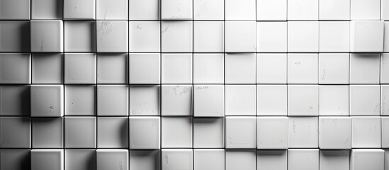 A stark black and white tiled wall is showcased, with a symmetrical pattern of square tiles creating a striking visual display. The contrast between the black and white tiles adds depth and dimension
