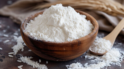 Fototapeta na wymiar Organic Rice Flour in Wooden Bowl for Healthy Cooking.