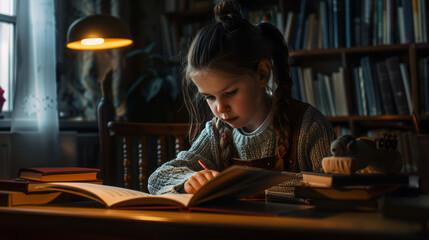 child reading a book at the desk