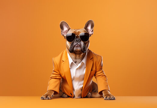 Stylish glamorous nineties fashion dog. Stilyagi. Neutral background.