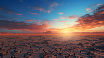 Dry lake at sunset. 3d render illustration of desert landscape - obrazy, fototapety, plakaty