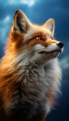 Portrait of a red fox on a dark blue sky background.