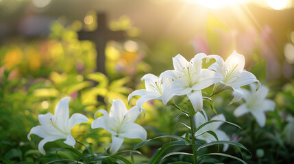 Peaceful Easter morning scene, featuring a wooden cross adorned with a crown of thorns and white lilies, set against a soft sunrise sky.Generative AI - obrazy, fototapety, plakaty