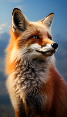 Portrait of a red fox on a background of blue sky with clouds