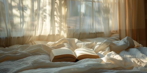 Fototapeta na wymiar A beautiful book on a bed with a white linen lamp nearby. Generative Ai