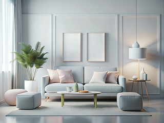 Living room wall poster mockup. Interior mockup with house background. Modern interior design. 3D Render