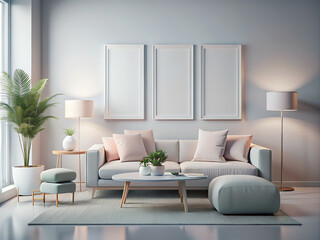 Fototapeta na wymiar Living room wall poster mockup. Interior mockup with house background. Modern interior design. 3D Render