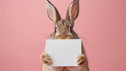 Rabbit holds a white sheet for text. bunny easter.