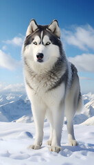Naklejka premium Siberian Husky dog on the background of snowy mountains.