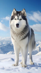 Siberian Husky dog on the background of snowy mountains.