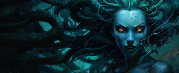 A girl with hair in the shape of snakes, a scream of terror, anger. storm. high waves.
