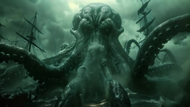 Kraken, a large octopus monster in ocean destroys ships. Fabulous sea monster from legends