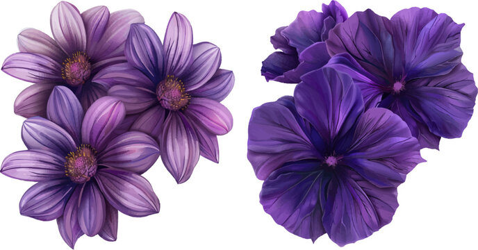 Three vector realistic purple flowers