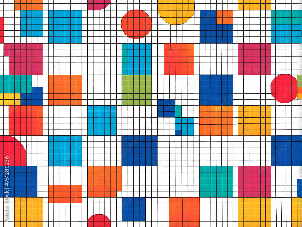 Poster minimalist-composition-bright-colored-shapes-arranged-on-a-graph-paper-grid-style-tiled-background