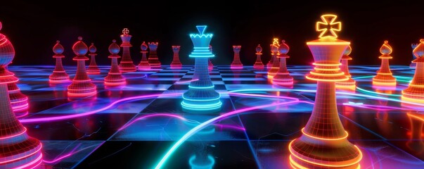 Virtual chess battle neon versus shadow on a digital grid - obrazy, fototapety, plakaty