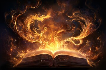 an open book with flames coming out of it - Powered by Adobe