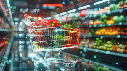 Shopping cart full of fruits and vegetables with futuristic online shopping concept. AI generated - obrazy, fototapety, plakaty