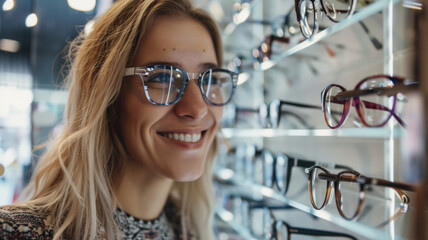 Cheerful woman trying on new glasses at an optical shop.