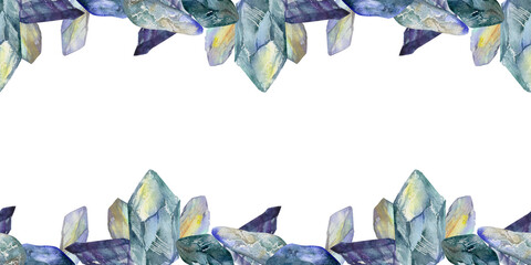 Hand drawn watercolor illustration precious jewel gem crystal chakra birth stone. Amethyst aquamarine moonstone. Seamless border isolated on white background. Design print, shop, jewelry, fashion - obrazy, fototapety, plakaty