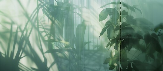 Tropical Tranquility: Silhouetted Greenery on Frosted Glass for Eco-Inspired Indoor Wallpaper and Backgrounds