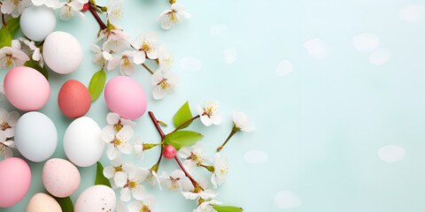 Easter concept white background with room for text Beautiful pastel pink blossoms and eggs with white background.AI Generative