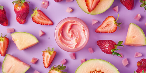 A vibrant flat lay of strawberry yogurt surrounded by fresh strawberries and melon slices on a pastel purple background.