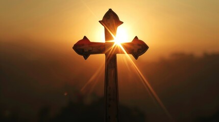 A Templar knights cross reflecting the first light of dawn a new day for Christian warriors - obrazy, fototapety, plakaty