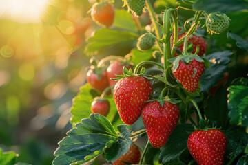 Ripe fresh strawberries on a branch. Organic and eco-friendly harvest