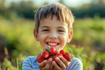 Happy little boy is holding ripe strawberries in his hands