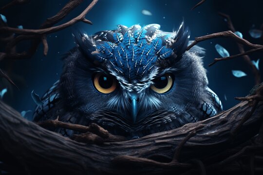 a blue owl with yellow eyes
