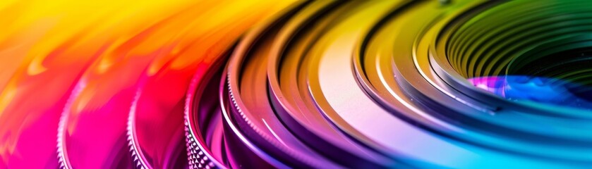 The vibrant color spectrum captured in the closeup of a DSLR lens showcasing its optical design and lens elements