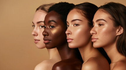 Four women showcasing diverse beauty against a neutral backdrop. - obrazy, fototapety, plakaty