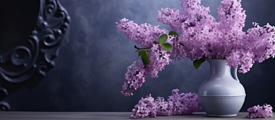 A white vase stands on a table, filled with vibrant purple flowers. The contrast against the dark background enhances the beauty of the lilac blooms. - Powered by Adobe