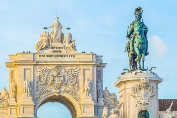Arch of the Augusta street with with Dom Jose equestrian statue in Lisbon, Portugal