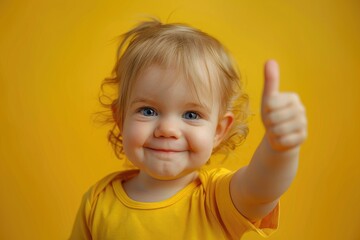 A toddler giving a thumbs-up against a yellow backdrop. Generative Ai