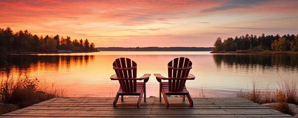 Two wooden chairs on a wood pier overlooking a lake at sunset