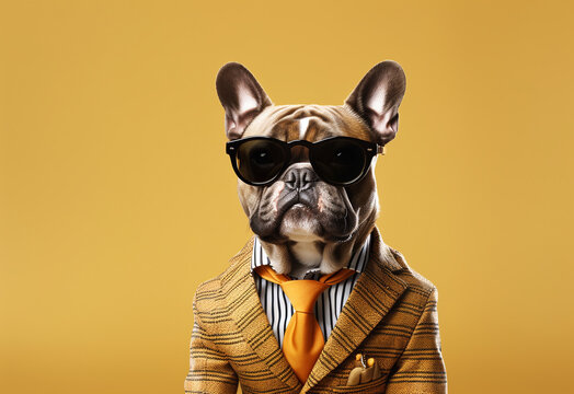 Stylish glamorous nineties fashion dog. Stilyagi. Neutral background.