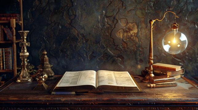 Ancient retro scribes desk with a mysterious Bible translating Old Testament wisdom into the modern age